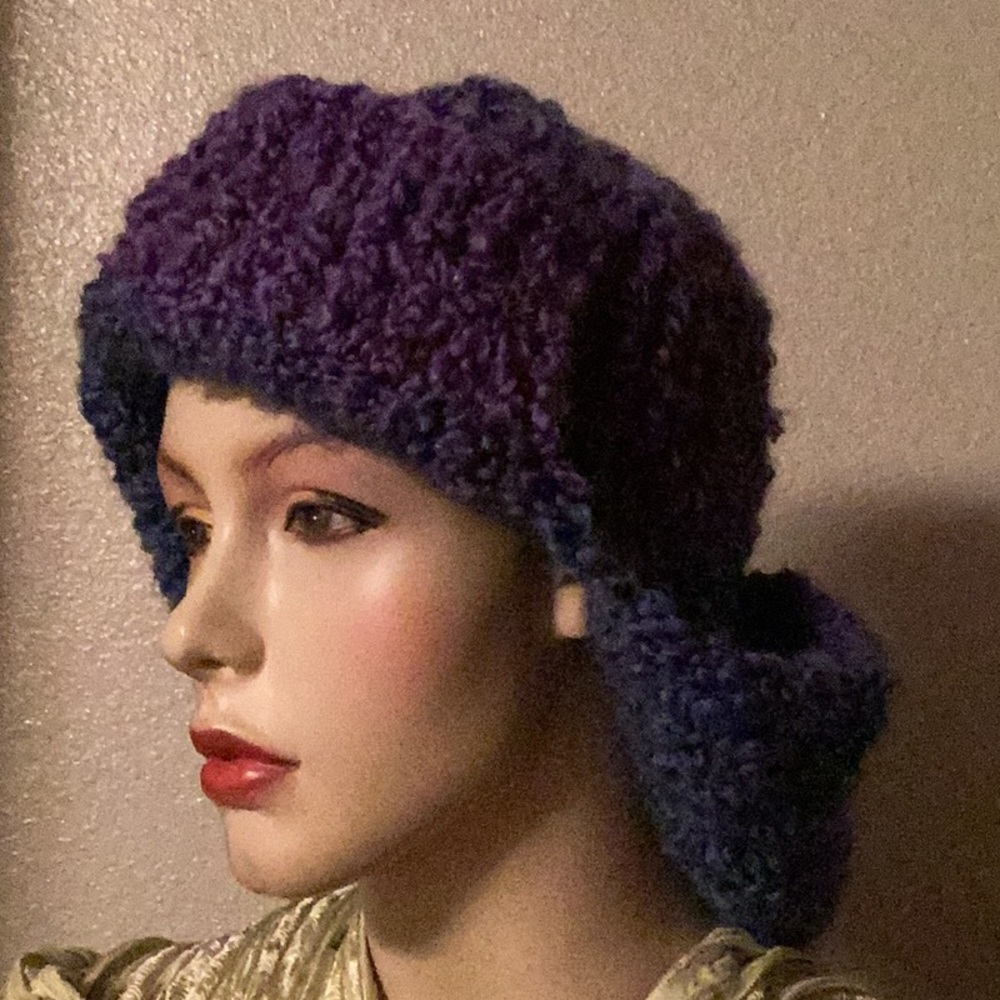 Blue and purple hand knitted hat with the ears